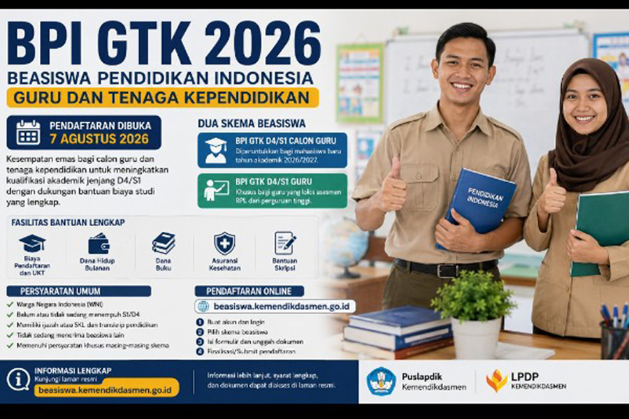 Beasiswa BPI GTK 2026 Dibuka, Calon Guru dan Guru Bisa Kuliah D4/S1